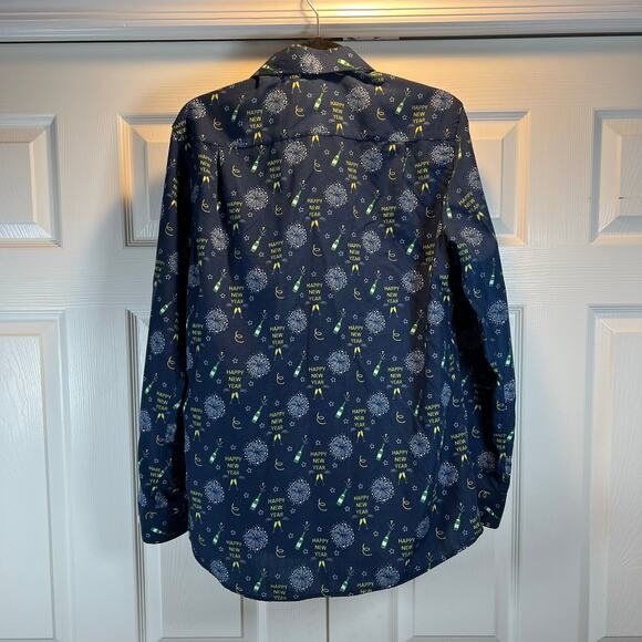 Simon Banks Shirt Mens Medium Button Up Happy New Year Print Party Holiday Blue - Picture 2 of 9